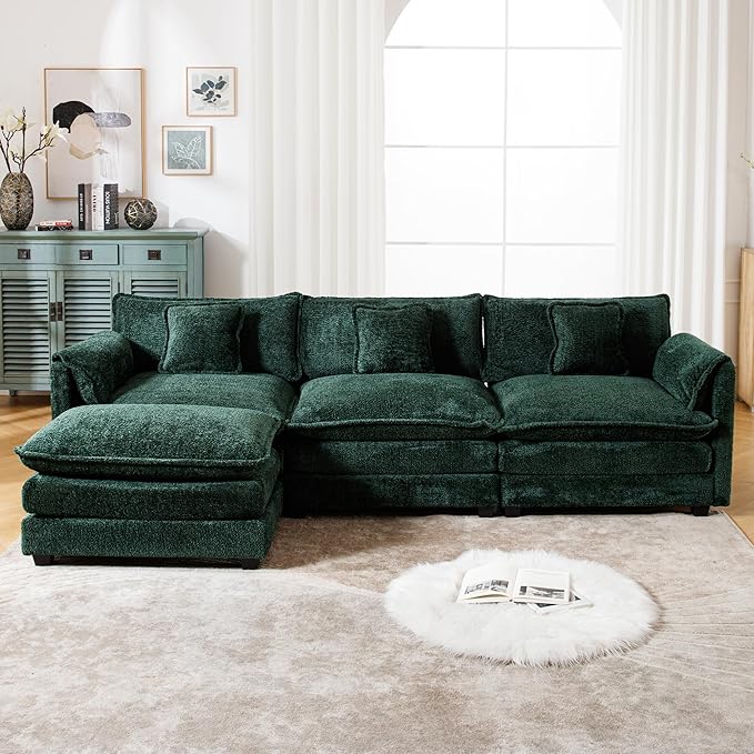 GNIXUU 112 Green Modular Cloud Couch Sofa Modern Chenille L Shaped Sectional Couches for Living Room Comfy Deep 4 Seater Sofa with Movable Ottoman &amp 3 Pillows