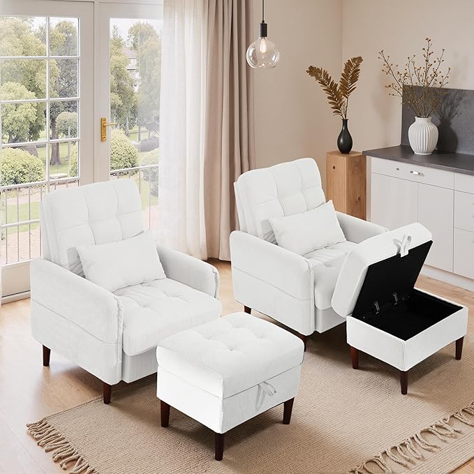 Lumibee Accent Chair with Storage Ottoman Upholstered Comfy Reading Chair with Adjustable Reclining Backrest Corduroy Fabric Lounge Chair Armchair for Living Room Bedroom White