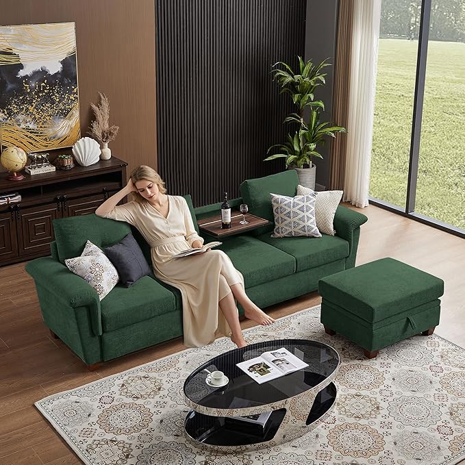 108 Sectional Sofa Convertible L Shaped Sofa with Ottoman and Large Storage 4 Seat Sectional Couch with Cup Holder Couches for Living Room Apartment Office (Green)