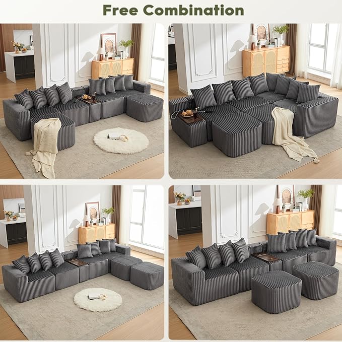 KEIKI 137.5 U-Shaped Sectional Sofa Large 6-Seater Modular Corduroy Couch with Movable Ottoman Smart USB &amp Wireless Charging Module Cup Holder Coffee Table Ideal for Home Gatherings