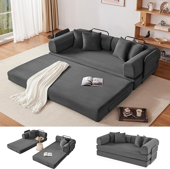 79 Oversized Boneless Couch with 4 Pillows5 in 1 Convertible Sleeper Futon Sofa Bed with Deep SeatCorduroy Foldable Modular Floor Pull Out Couch for Living RoomNo AssemblyGray