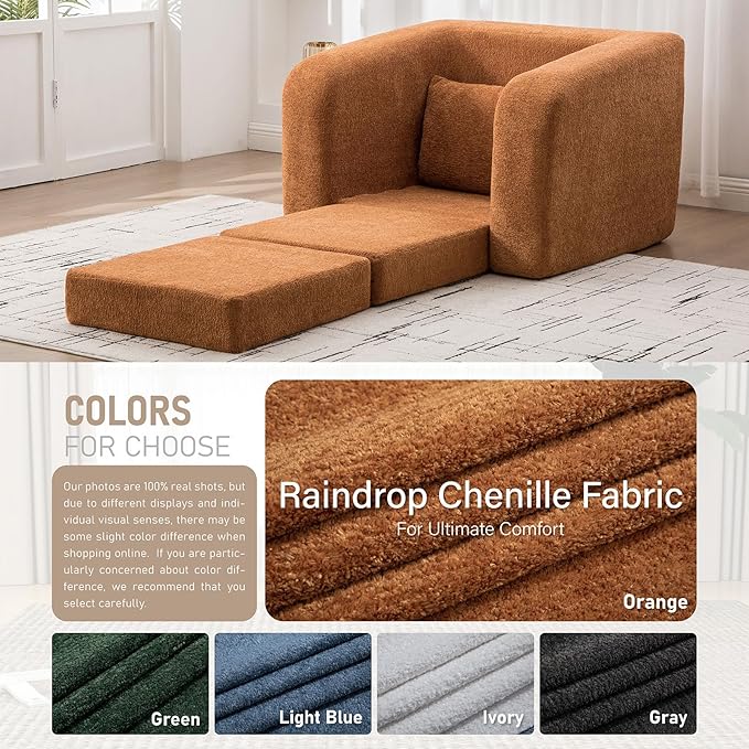 Orange Folding Sofa Bed Single - 40 Convertible Chenille Cloud Sleeper Lounge Chair with Floor Mattress &amp Pillow No Assembly Boneless Fold Out Couch for Bedroom Living Room Dorm (Orange 40 W)