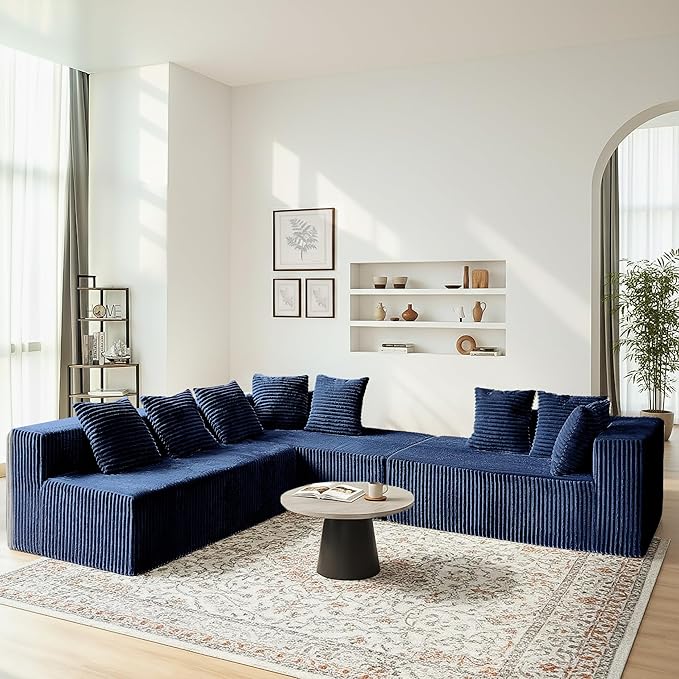 Cloud U-Shaped Sectional Couch130 Modular Boneless Couch for Living RoomModern 4 Seat Corduroy Sofa with ChaiseDeep SeatNo Assembly Required (Blue)