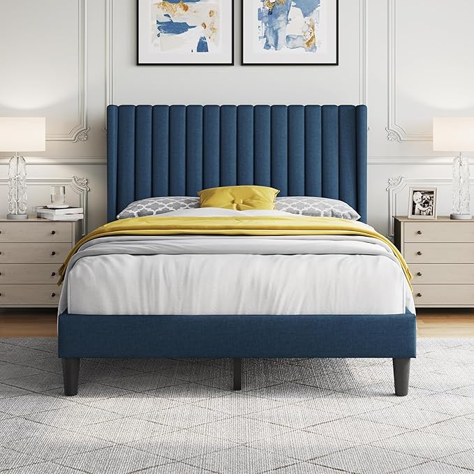 Yaheetech Full Size Bed Frame Upholstered Platform Bed with Wing Edge Headboard Square Tufted Fabric/Mattress Foundation/Wooden Slats Support/No Box Spring Needed/Easy Assembly/Navy Blue