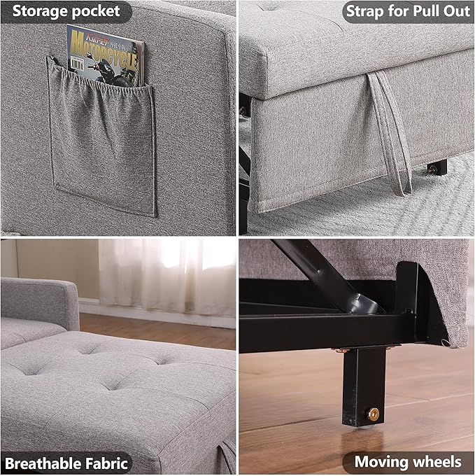 Sleeper Sofa Chair Bed 3-in-1 Single Convertible ChairMulti-Functional Sleeper Chair with Soft Fabric for Living Room Dorm Apartment Bedroom or Office (Grey)