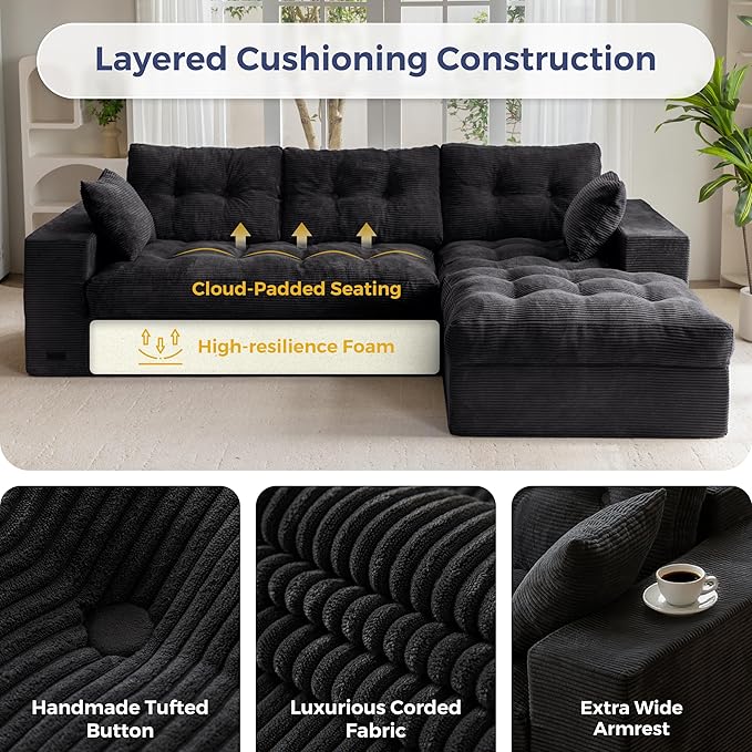 MAXYOYO 104 L Shaped Modular Sectional Sofa with Ottoman Cloud Boneless Couch with Layered Cushion Upholstered Sofa in a Box Flexible Module Combination for Living Room No Assembly Black