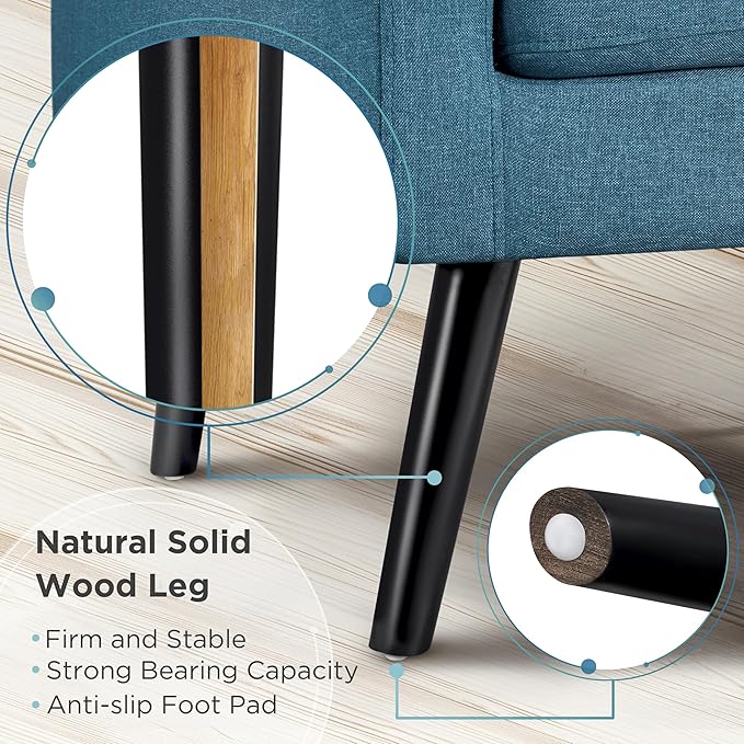 Yaheetech Mid-Century Accent Chairs Modern Upholstered Living Room Chair Cozy Armchair Button Tufted Back and Wood Legs for Bedroom/Office/Cafe Navy Blue
