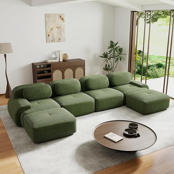 152.7” U Shaped Boneless Couch with Ottoman Corduroy Modular Sectional Sofa Comfy 6 Seater Cloud Sofa Sectional Deep Seat Modern Upholstered Couches for Living Room No Assembly Required
