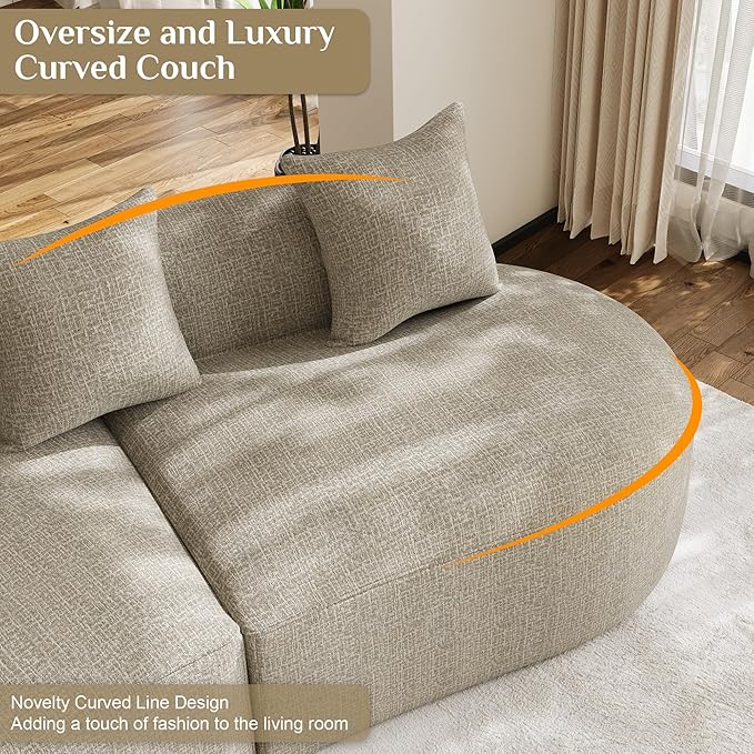 134 Oversized Sectional Sofa for Living Room Modern Luxury Plush Chenille 4-Seater Extra Deep &amp Wide Seat Curved Cloud Couch with 5 Throw Pillows No Assembly Needed Light Brown