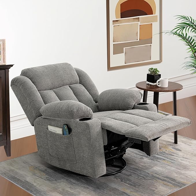 Rocker Swivel Recliner Chair for Adults Overstuffed Large Manual Recliner Glider with Massage and Heat Comfy Soft Fabric Living Room Reclining Sofa Chair (Lime Gray)