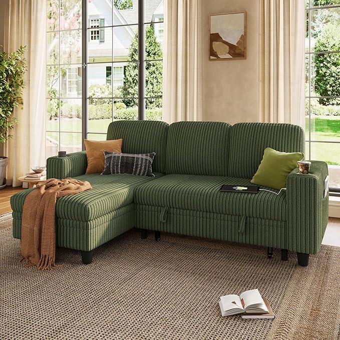 LINSY HOME Pull Out Sleeper Sofa Sectional Couches for Living Room L Shaped Plush Corduroy Couch with Storage&ampUSB Charging Convertible Cloud Sectional Sofa Bed for Apartment Green