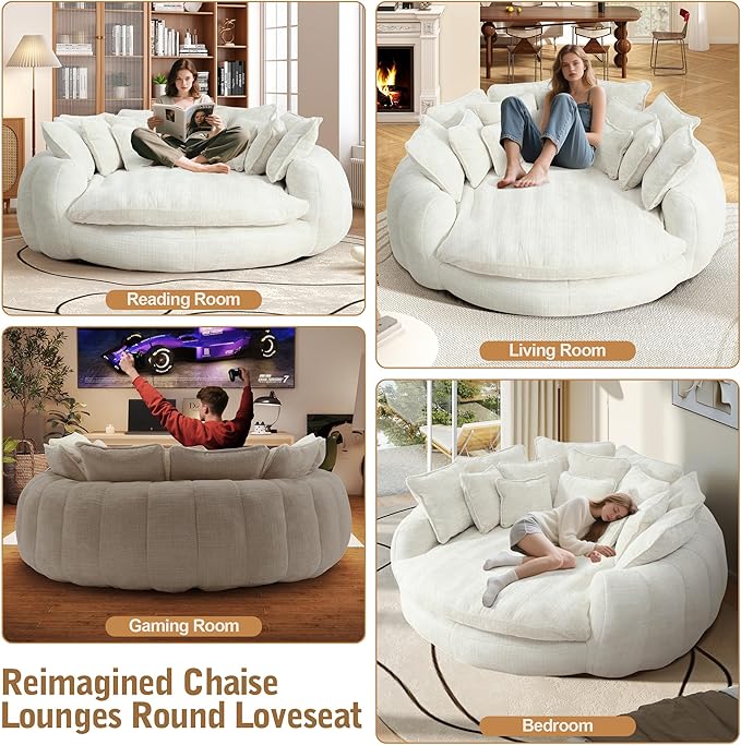82'' Oversized Upholstered Sofa Bed Round Chaise Lounge Chair Indoor Modern Chenille Boneless Couch No Assembly Required Plush Sleeper Chair with 14 Pillows for Living Room Beige