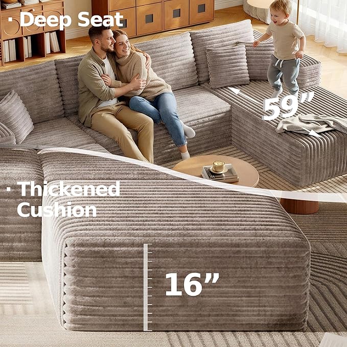 134.6 Modular Sectional Sofa with Deep Seat Boneless U Shaped Corduroy Couch Modern Comfort Cloud Couch Oversized for Living Room No Assembly (Camel)