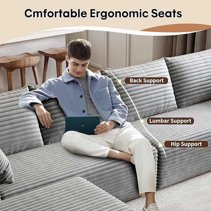 168.5 Cloud Sectional Sofa for Living Room Plush Corduroy Cover Fluffy Memory Foam Cushions No Assembly Required U Shaped Modular Chaise Lounge Oversized Comfortable Couches Set Grey