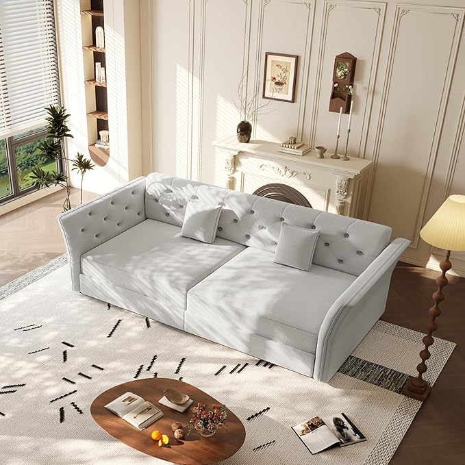 KEIKI 74.7 Queen Pull Out Sofa Bed Velvet Convertible Sleeper Sofa Button Tufted Chesterfield Sofa Pull-Out Couch Bed for Living Room Bedroom Apartment Light Grey