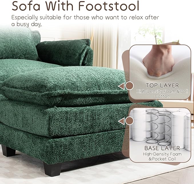 KEIKI Boucle Accent Chair with Storage &amp Ottoman Oversized Reading Arm Chair w/Double Cushion Modern Side Deep Seating Chairs Set Corner Comfy Lounge Armchair for Living Room Bedroom Dark Gre