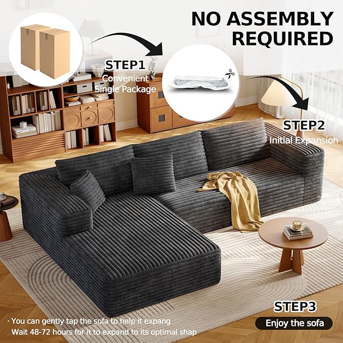 108.2 Modular Sectional Sofa with Deep Seat Boneless L Shaped Corduroy Couch Modern Comfort Cloud Couch Oversized for Living Room No Assembly (Left Facing Chaise Gray)