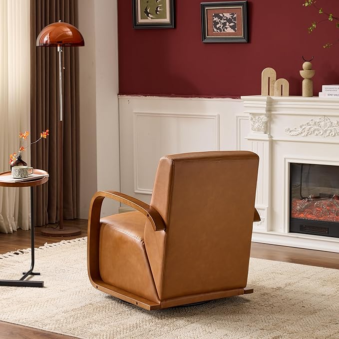 26 W Brown Swivel Accent Chair with Wood Armrests PU Upholstered Armchair with Metal Base 360 Degree Comfy Lounge Reading Chair for Living Room Bedroom Club or Office (Brown+PU)
