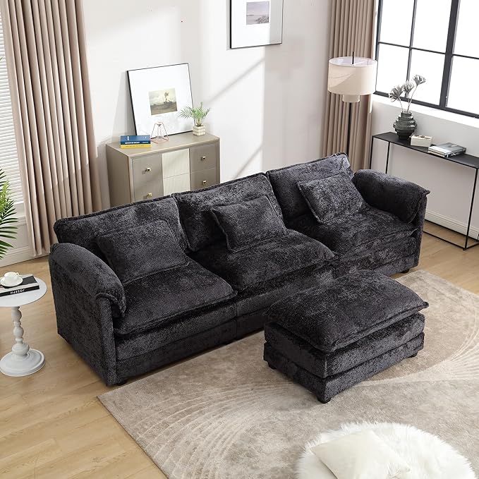 KEIKI 112 L-Shaped Chenille Modular Sectional Chenille Sofa with 1 Movable Ottoman &amp Memory Foam Cushion Upholstered Oversized 4-Seater Couch Easy Assembly for Apartment Living Room Black