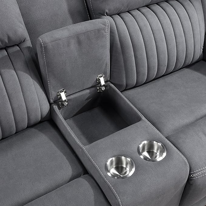 Lexicon Manual Double Reclining Loveseat Polished Microfiber Manual Wall Hugger Loveseat Recliner for Living Room Center Storage Console/Cup Holders Easy Assembly Gray