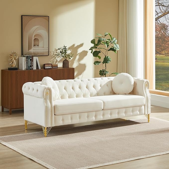 KEIKI 82 inch Chesterfield Sofa Retro Style Upholstered 3 Seat Velvet Couch with Rolled Arm for Living Room Bedroom Office Apartment Beige