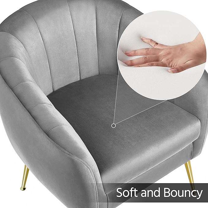 Yaheetech Modern Vanity Chair Velvet Soft Accent Chair with Gold Metal Legs Tufted Armchair Chaise Lounge for Living Room/Bedroom Gray