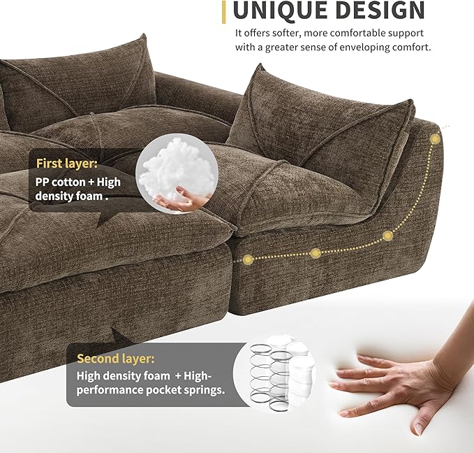 116 Modular Cloud Sectional Sofa with Movable OttomanCompressed Foam Boneless Couch Chenille FabricUpholstered Couches for Living Room BedroomNo Assembly RequiredCocoa Brown