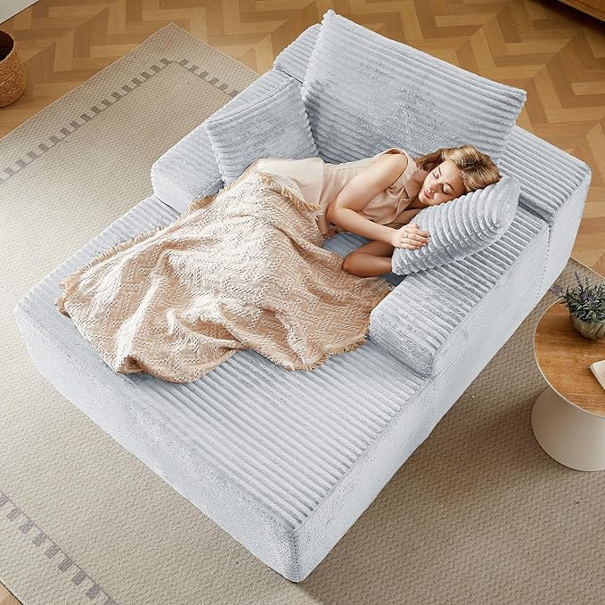 50Oversized Chaise Lounge Chair IndoorCorduroy Boneless Reading Chair with 3 PillowsDeep Seat Cloud Sofa BedComfy Modern Sleeper Chairs in Box for Living Room BedroomNo Assembly(Light Grey)