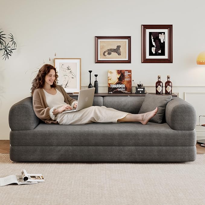 Convertible Sleeper Sofa Bed 78.5 Corduroy Foldable Loveseat Sleeper Sofa Queen to King Size Boneless Couch Bed for Living Room | No Assembly Required | Compression Sofa Dark Gray