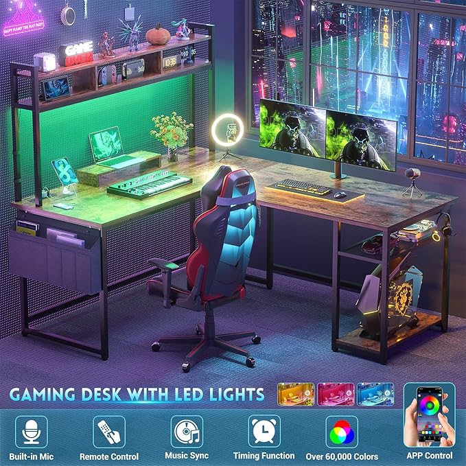 Aheaplus L Shaped Gaming Desk 59 Reversible Gaming Desk with Power Outlet and Led Lights L Shaped Computer Desk with Storage Shelves &amp Monitor Stand Home Office Desk L Shaped Desk Rustic Brow