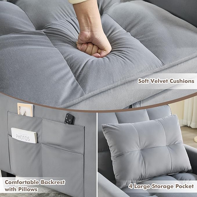 Convertible Sleeper Chair 3 in 1 Sleeper Chair Bed Velvet Pull Out Sofa Bed Chairs Single Sofa Beds with Adjustable Backrest for Adults Reading Living Room Bedroom Dark Grey