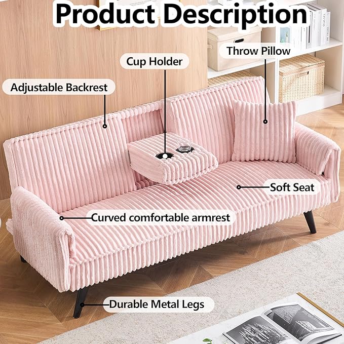 72” Corduroy Futon Sofa Bed with Pillows Modern Convertible Futon Couch with 2 Cup Holders&amp Metal Legs for Small Spaces Living Room Solid Wood Frame (Pink)