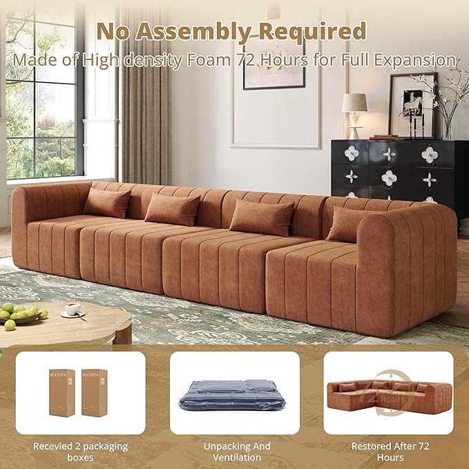 Merax 145.5 Inch Modular Full-Compressed Sectional Sofa Polyester Upholstered Modular Sofa with 4 Pieces Compressed Sponge Modular Couch for Living Room No Assembly Required Orange
