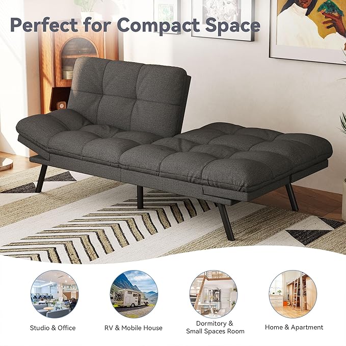 Vyfipt Convertible Futon Sofa Bed 71 Memory Foam Futon Couch with DetachableAdjustable BackrestLinen Fabric Folding Small Loveseat Sleeper for for Living RoomRVOfficeApartmentDark Grey