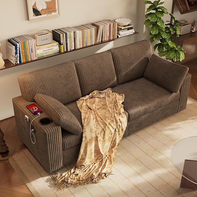 80'' Couches for Living Room Corduroy Cloud Couch Sofa with Cup Holders &amp USB 2 Pillows Comfy 3 Seater Sofas Modern loveseat Couch for Small SpaceApartmentBedroom Light Brown