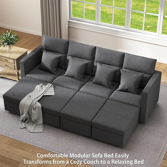L Shaped Sectional Couch: Grey Modular Sectional Sofa with Ottoman Modern Linen Seater Couch Comfy Cloud Couches for Living Room and Apartment (82-3 Seat &amp Ottoman)
