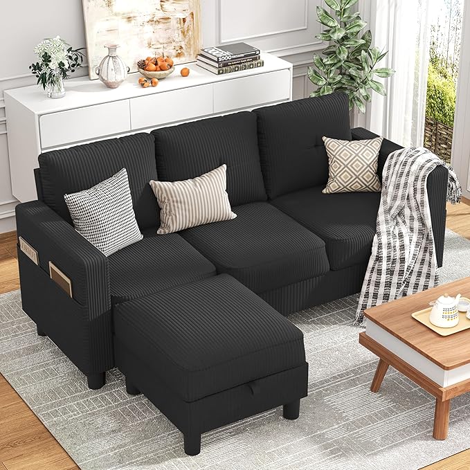 JY QAQA Convertible Sectional Sofa Couch with 3-Seat Sofa L-Shaped Ottoman Couch with Modern Linen Fabric for Small Living Room Apartment and Small Space(Black)