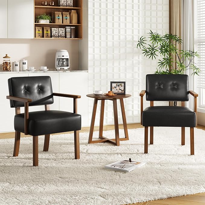 Garvee Mid-Century Accent Chair with Wood Frame. PU Leather Upholstered Lounge Arm Chair with Classic Button Tufting Reading Leisure Chair for Living Room Bedroom Balcony Black