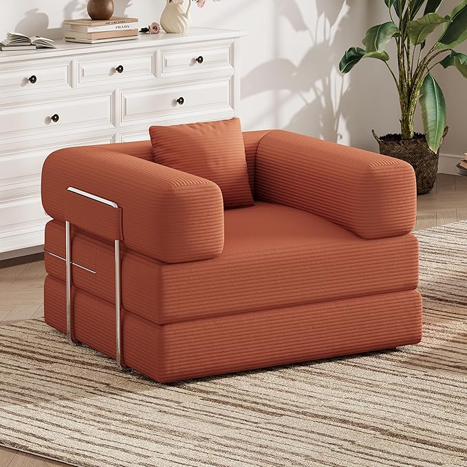 Folding Sofa Bed 2 in 1 Convertible Sofas to Lounger Comfy Single Bean Bag Chair Floor Portable Foldable Sleeper Lazy Futon Couch Chair for Bedroom Living Room(Orange 35.43 Single Sofa)