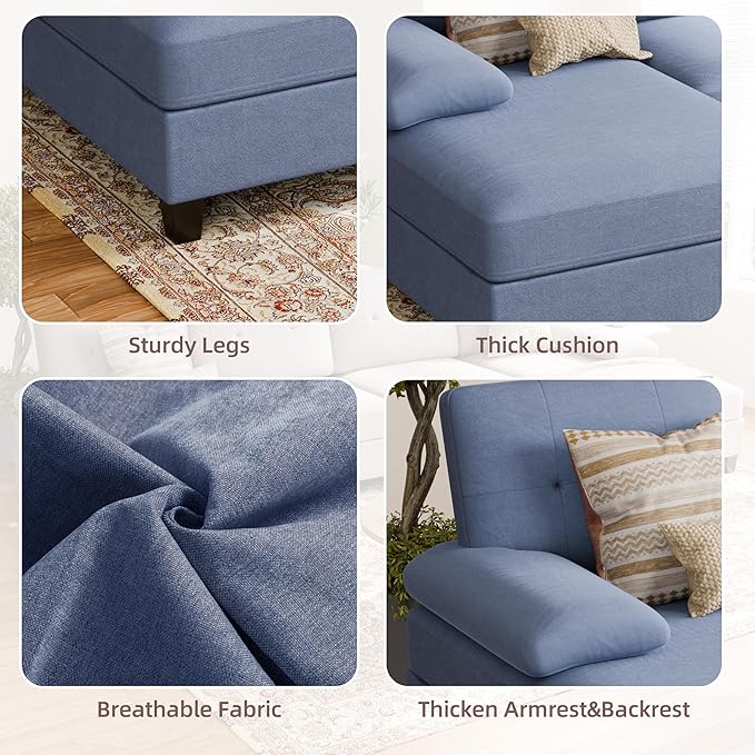 Shintenchi U-Shaped Sectional Couches for Living Room 4 Seat Sofa with Double Chaise LoungesSolid Wood Frame Sectional Sofa for ApartmentBlue