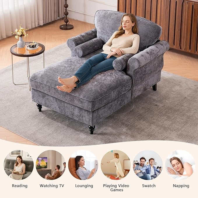 Setawix Chenille Upholstered Chaise Lounger Sleeper Sofa ChairOversized Chaise Lounge Chair Indoor with Rolled ArmsMid Century Modern Lounger Couch for Living Room Bedroom (Dark Grey 43.3 W)