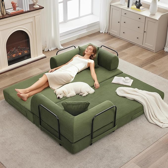 GarveeHome 79 Convertible Sleeper Sofa Bed Couch 4-in-1 Boneless Corduroy Folding Sofa Bed with Pillow &amp Fixed-Shape Floor Mattress Couch Loveseat for Living Room Apartments - No Assembly Gree