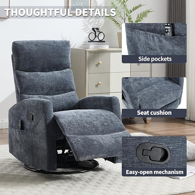 Manual Swivel Rocker Recliner Chair for Adults Overstuffed Reclining Glider Chair for Nursing with Vibration Massage &amp Heat Living Room Rocking Recliner 3-Stage backrest Chenille Fabric Blue