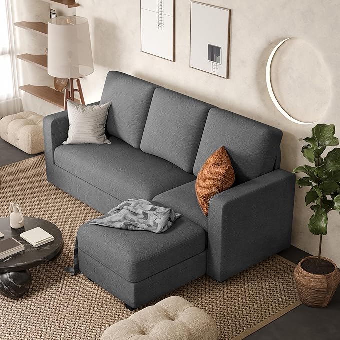 JUMMICO Convertible Sectional Sofa Couch Fabric L-Shaped Sofa with 3 Seats Removable Ottoman Small Sofa for Small Apartments Living Rooms and Offices (Deep Grey)