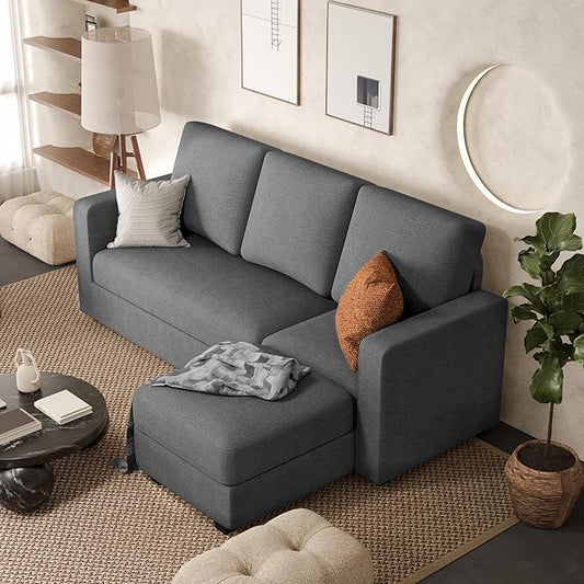 JUMMICO Convertible Sectional Sofa Couch Fabric L-Shaped Sofa with 3 Seats Removable Ottoman Small Sofa for Small Apartments Living Rooms and Offices (Deep Grey)