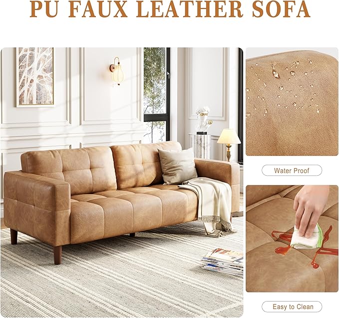 IDEALHOUSE 3-Seater Sofa Couch 83 Wide Faux Leather Sofa Couch with Spring Cushion Modern Sofa with Deep Seats and 2 Removable Back Cushions