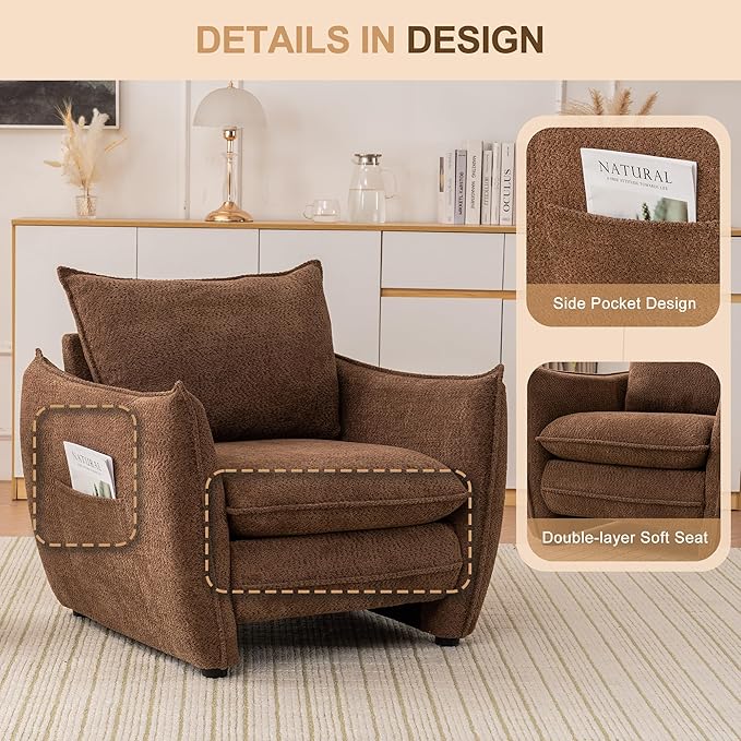 Oversized Accent Chair Modern Single Sofa Cloud Chair with Removable Pillow Deep Seat Comfy Armchair for Living Room Bedroom Reading Nook - Upholstered Lounge Chair (Brown)