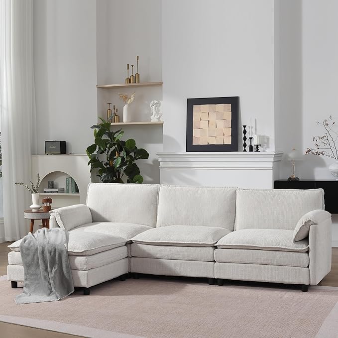 108 Cloud Sectional Couches for Living Room Convertible L Shaped Modular Sectional Sofa with Movable Ottoman 3-Seat Chenille Cloud Couch with Deep Seat for Bedroom Apartment Beige