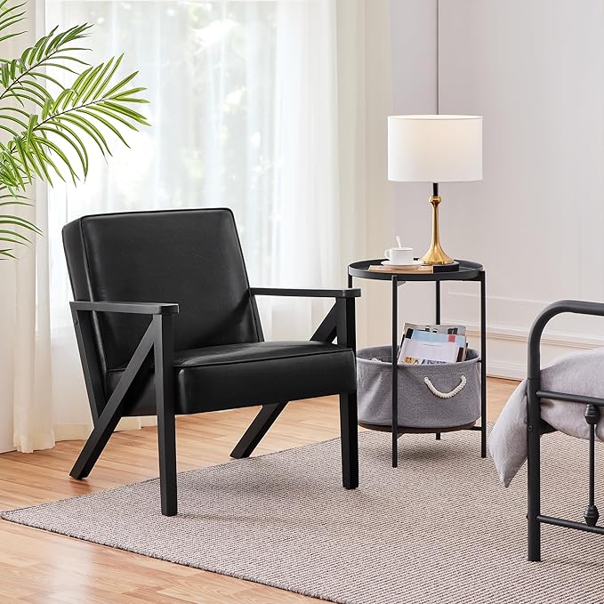 Yaheetech Accent Chair PU Leather Reading Chair Mid Century Modern Arm Chair with Solid Wood Frame for Living Room Bedroom Waiting Room 2 Pieces Black