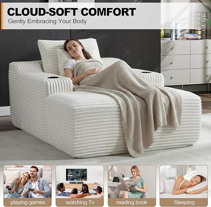 Boneless CouchComfy Fluffy Sofa BedUpholstered Sleeper Sofa Couch with Throw Pillows and ArmrestsCorduroy Plush Cloud Couches with Cup Holder White